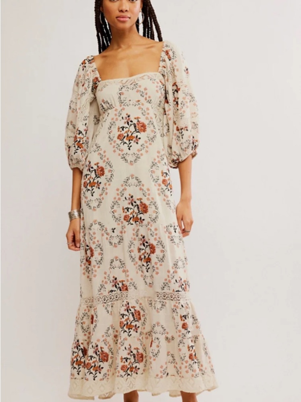 Free People Cream Floral Square-Neck Maxi Dress